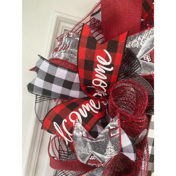 Buffalo Plaid Check Welcome Home for the Holidays Mesh Ribbon Christmas Wreath - Picture 3 of 6